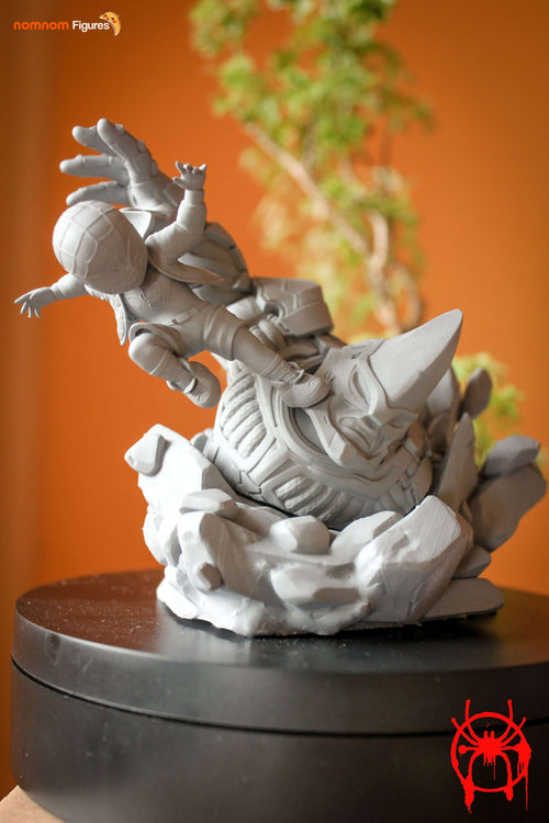 Chibi Miles Morales vs Rhino — Spiderman — Statue by NomNom